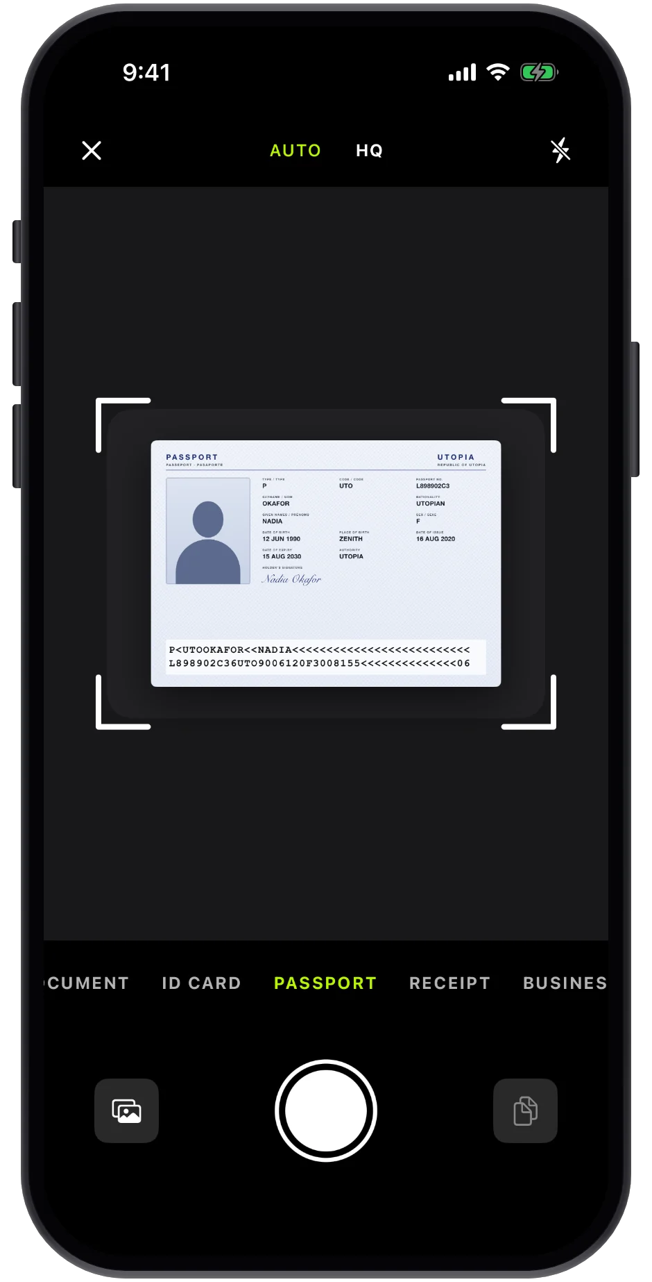 The camera framing an identity document