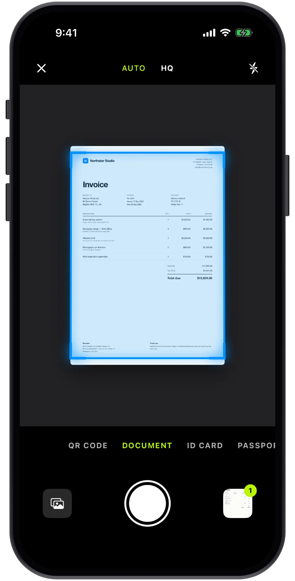 The LexiGrasp camera outlining an invoice's edges automatically