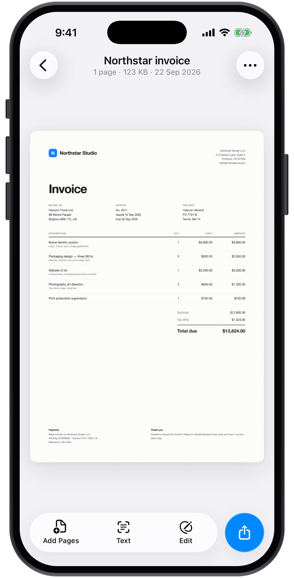 A scanned invoice, ready to edit or share