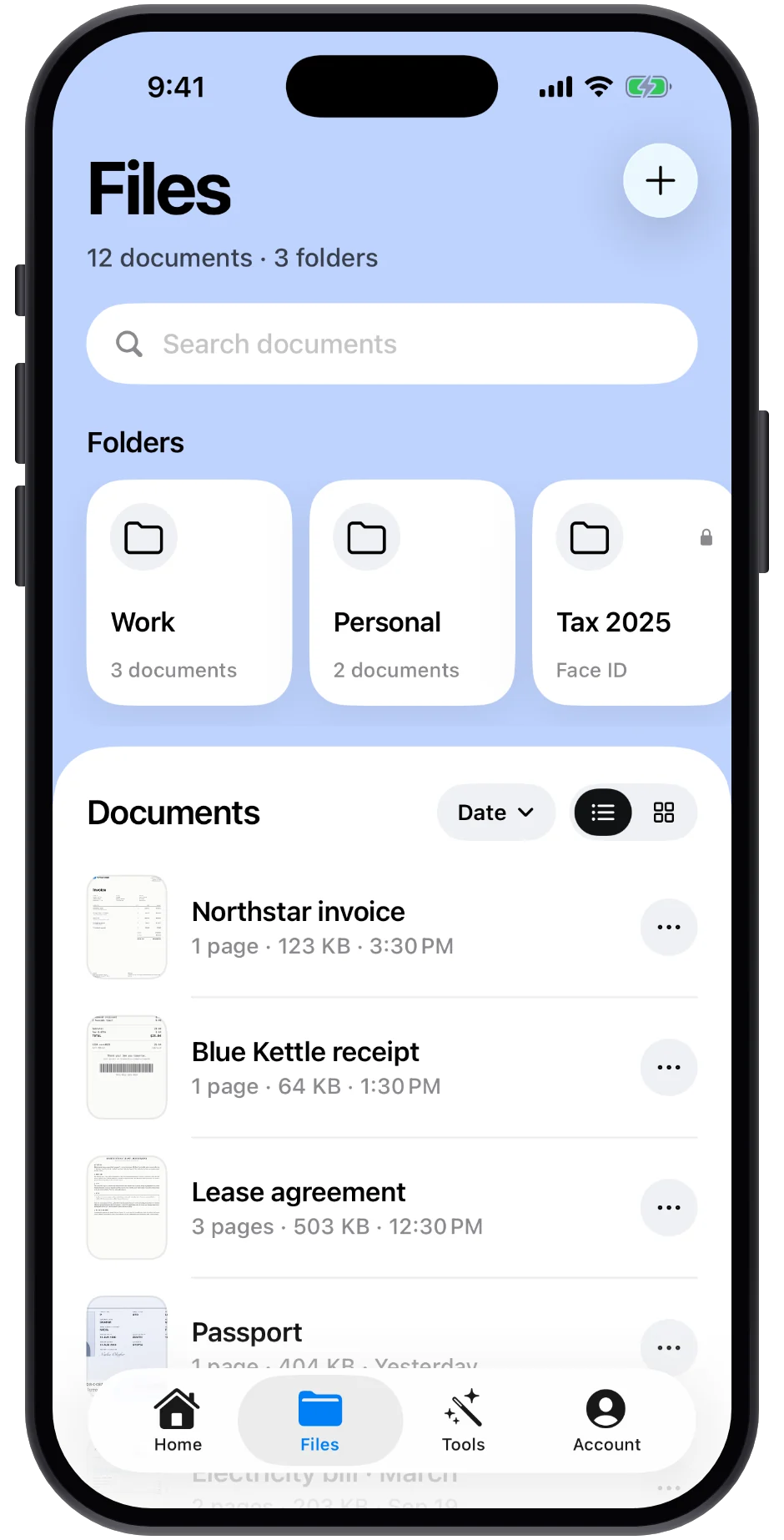 The Files tab with Work, Personal and a Face ID–locked Tax 2025 folder