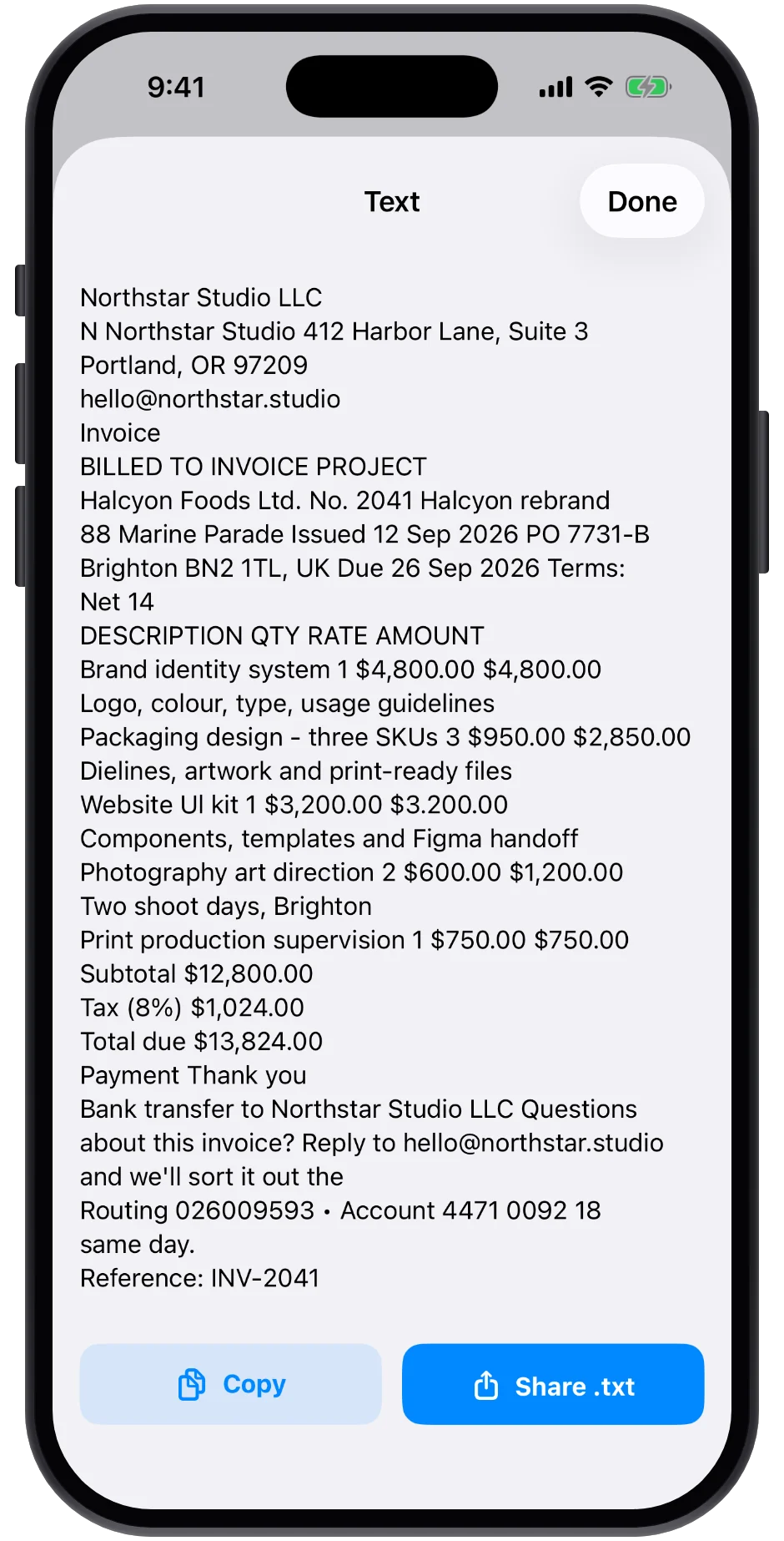 Recognized text from a scanned invoice, with Copy and Share buttons