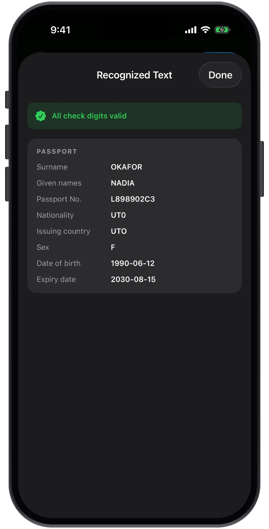 Passport fields parsed from the MRZ with all check digits valid