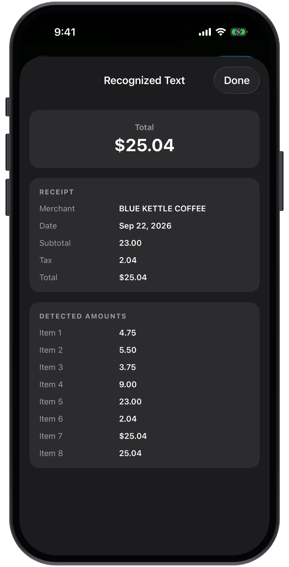 A scanned receipt's total, merchant, date, subtotal and tax extracted by LexiGrasp