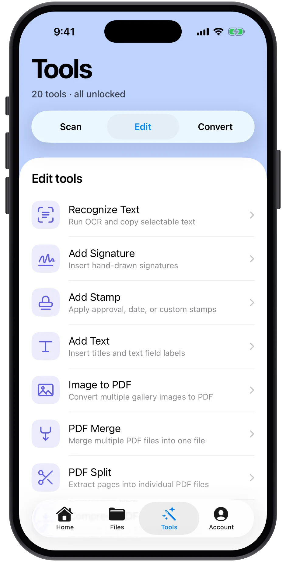 The Tools tab listing the edit tools